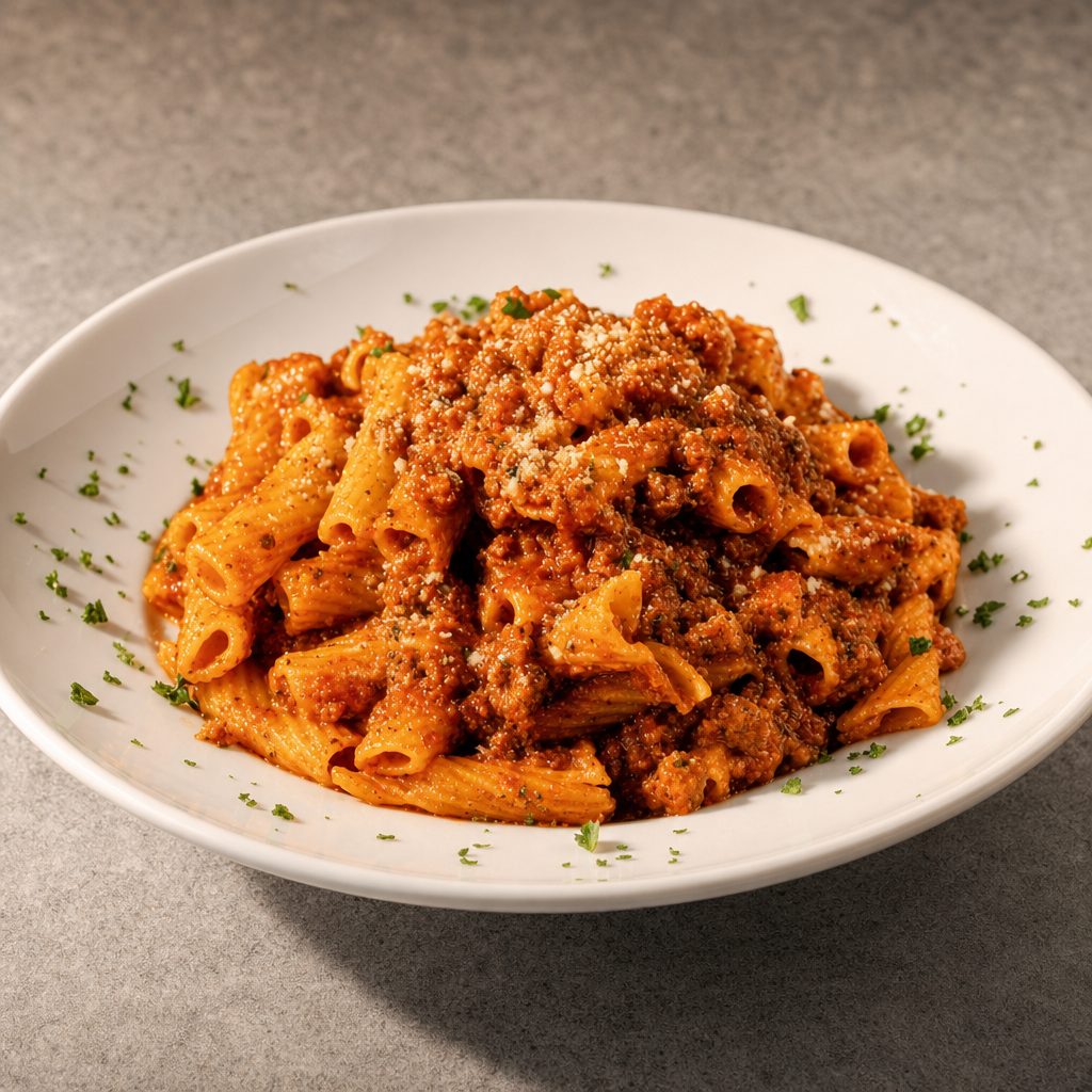 Rigatoni Bolognese Pasta.